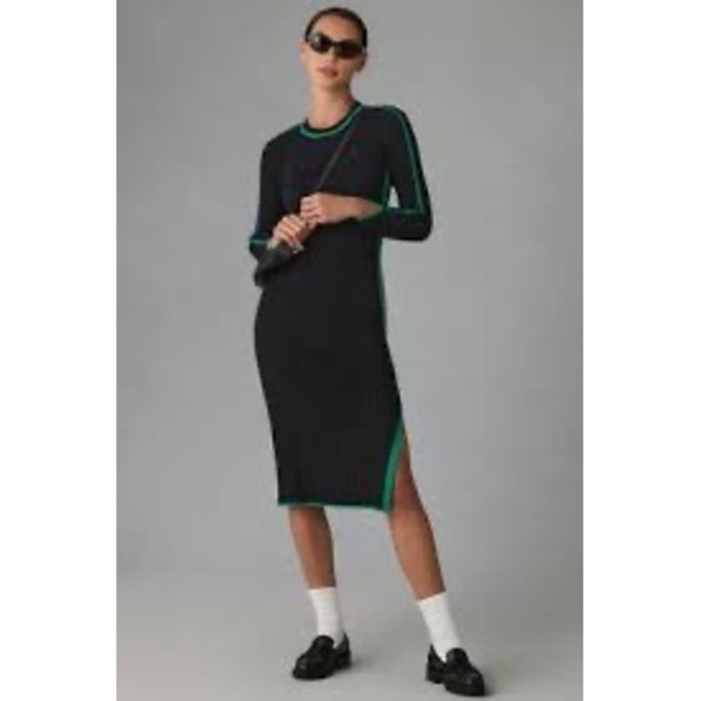 Daily Practice by Anthropologie Black Ribbed Midi Dress Green Trim NWT Large